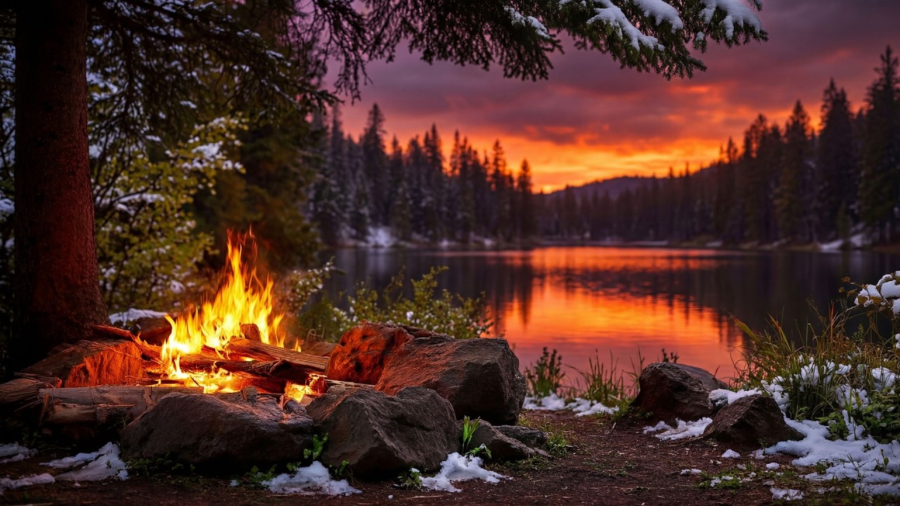 Relaxing Campfire by the Lake at Golden Hour 🌄 Natural Evening Background Sounds
