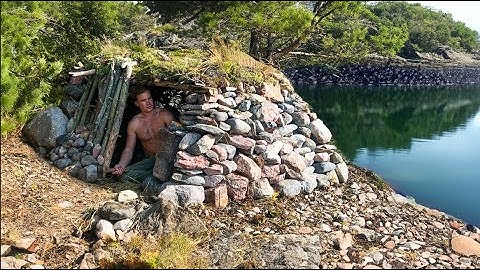 Stone Shelter by the Beach - Bushcraft Adventure on Deserted Island