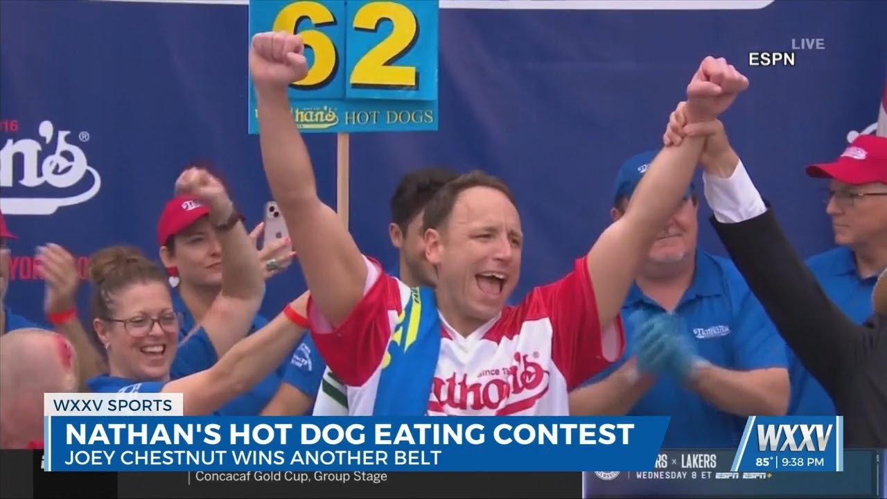 Joey Chestnut won his 16th mustard yellow belt at Nathan’s Hot Dog