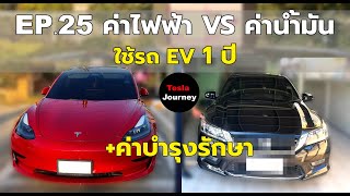 EP.25 เปรียบเทียบค่าไฟฟ้า กับ ค่าน้ำมัน ใช้รถ EV 1 ปี #Tesla #model3rwd #teslajourney #red