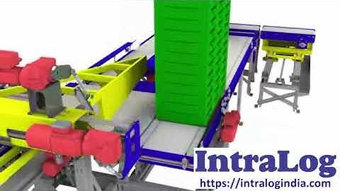 Sliding Unit Unloading Two Stacks Of Bins From Pallets Onto Two Separate Belt Conveyors