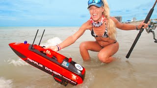 Beach Fishing w/ Remote Control Surf Boat! Is this Cheating!?
