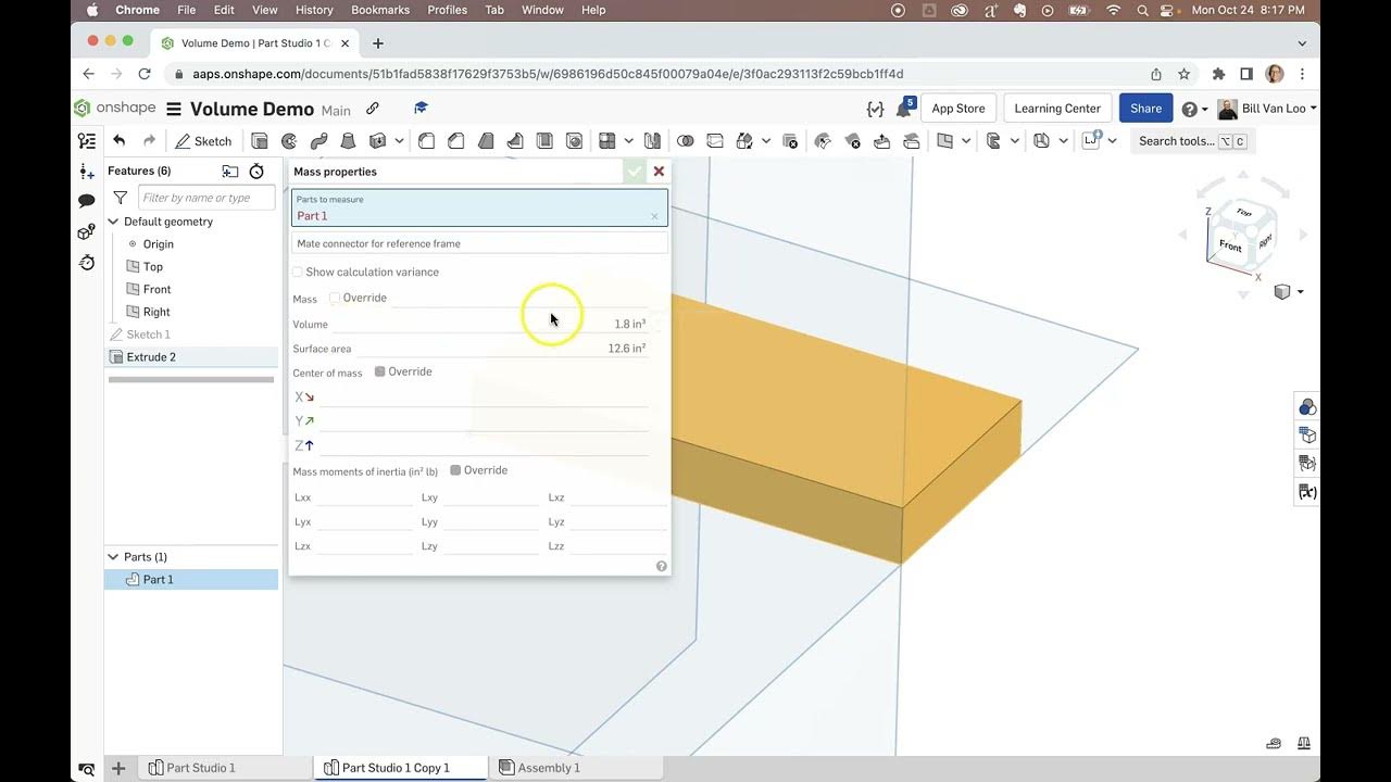 Finding the volume of an object in Onshape YouTube