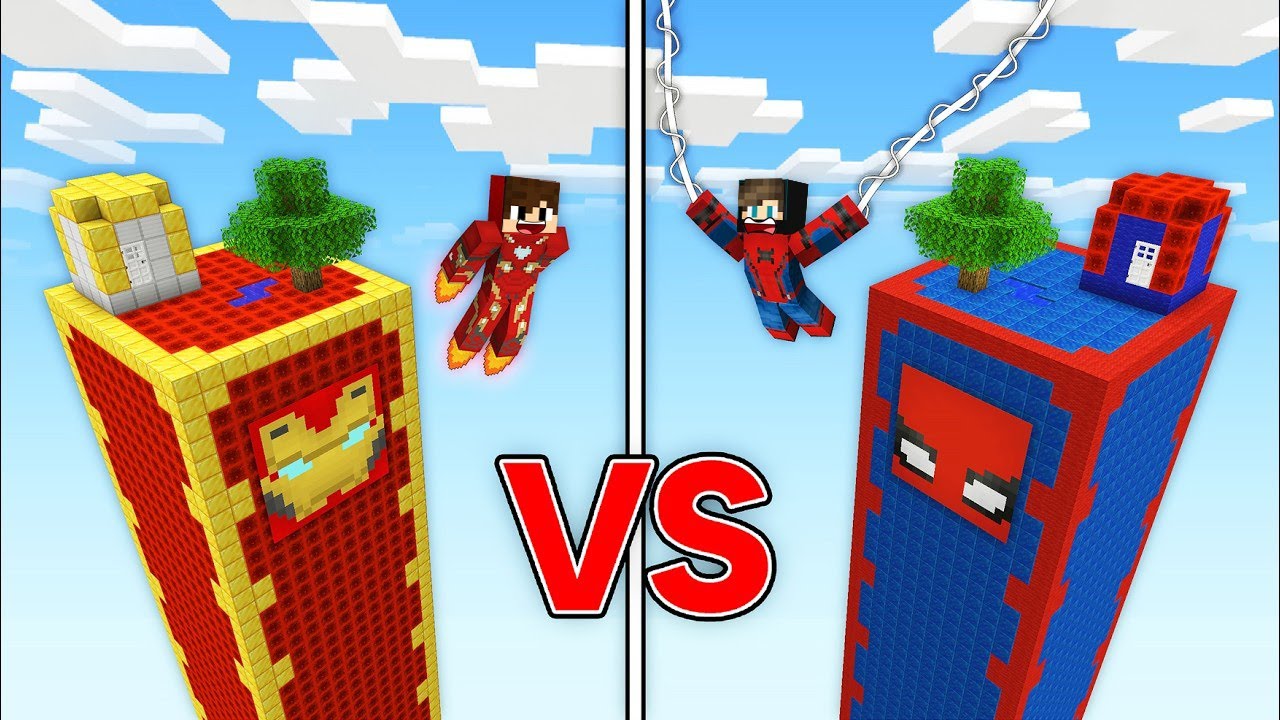 ماين كرافت : حـرب ابراج الأبطال الخارقين ولكن برج ايرون مان ضد برج سبايدرمان !!؟ 🔥😱