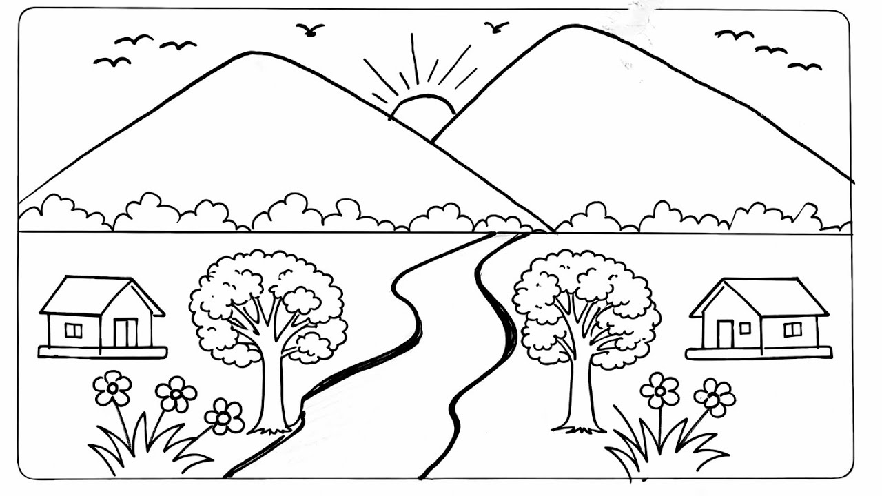Scenery drawing very easy/ how to draw mountain scenery easy/ mountain river house tree drawing easy
