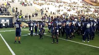 USU linebacker Justus Te'i (51) and other teammates perform the Scotsman after the Aggies beat Hawai