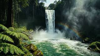 Beautiful waterfall in the deep forest full of bird sound