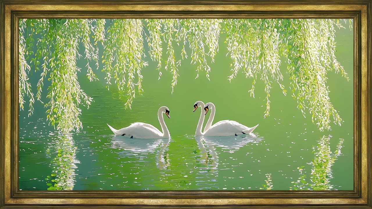 Graceful Swans Beneath Willow Tree: 4K Framed TV Art Screensaver for Valentines