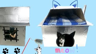 طريقه عمل بيت للقطط من الكرتون _ عصا للعب مع القط. How to Make a Cardboard cat house _Diy cat toys