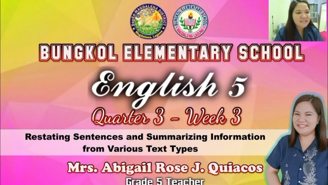 DepEd English 5 Quarter 3 Week 3 "Restating Sentences and Summarizing ...