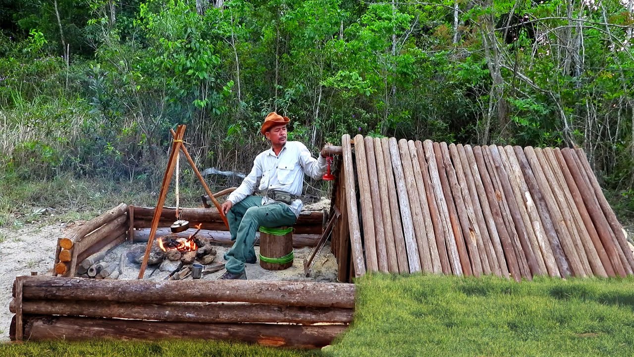 Building survival shelters in the woods - Bushcraft earth hut, Round ...