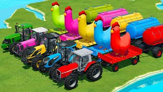 JOHN DEERE vs FENDT vs VALTRA vs LANDINI TRACTORS BATTLE WTIH GIANT CHICKENS - Farming Simulator 22