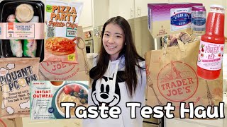 trader joe's taste test haul! piquant popcorn, power red juice, shrimp spring roll, pizza chips