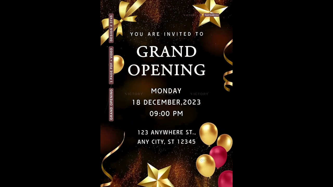 Opening invitation card in english language with  ribin, balloon as minimalistic theme design 3745