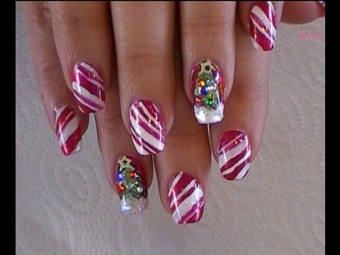 Holiday nail art candy stripe and Christmas tree - YouTube