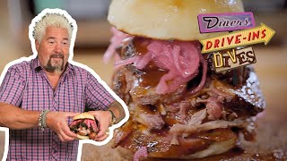 Guy Fieri Eats Pulled Pork, Brisket & Sausage Sandwich | Diners, Driveins and Dives | Food Network