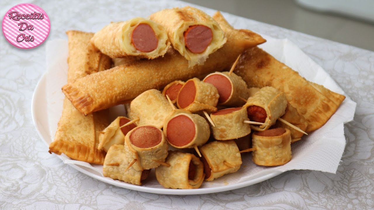 ENROLADINHO DE SALSICHA COM QUEIJO NA MASSA DE PASTEL SUPER DELICIOSO