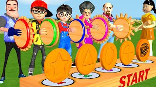 Scary Teacher 3D vs Squid Game Wooden Wheels Cut Fruit and Orange Candy Shape 5 Times Challenge Fun