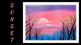 Pink Sunset & Clouds - (Easy Sunset Acrylic Painting Tutorial)