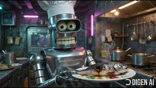 robot chef Bender screaming while burning fish 😂