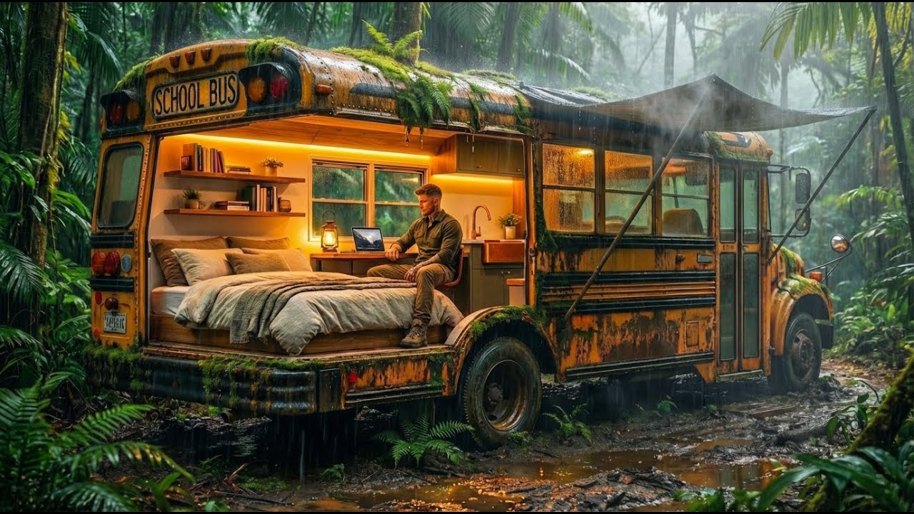 I Built a Secret Bus Home in the Jungle 🌧️ Alone in Heavy Rain (ASMR Survival)