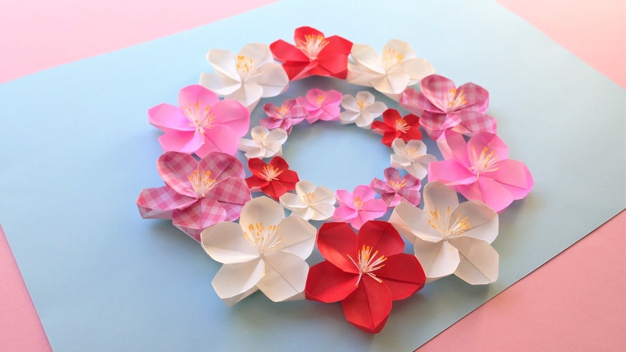 折り紙 梅の花リース 折り方 Origami Plum Flower Wreath Tutorial Niceno1 Youtube