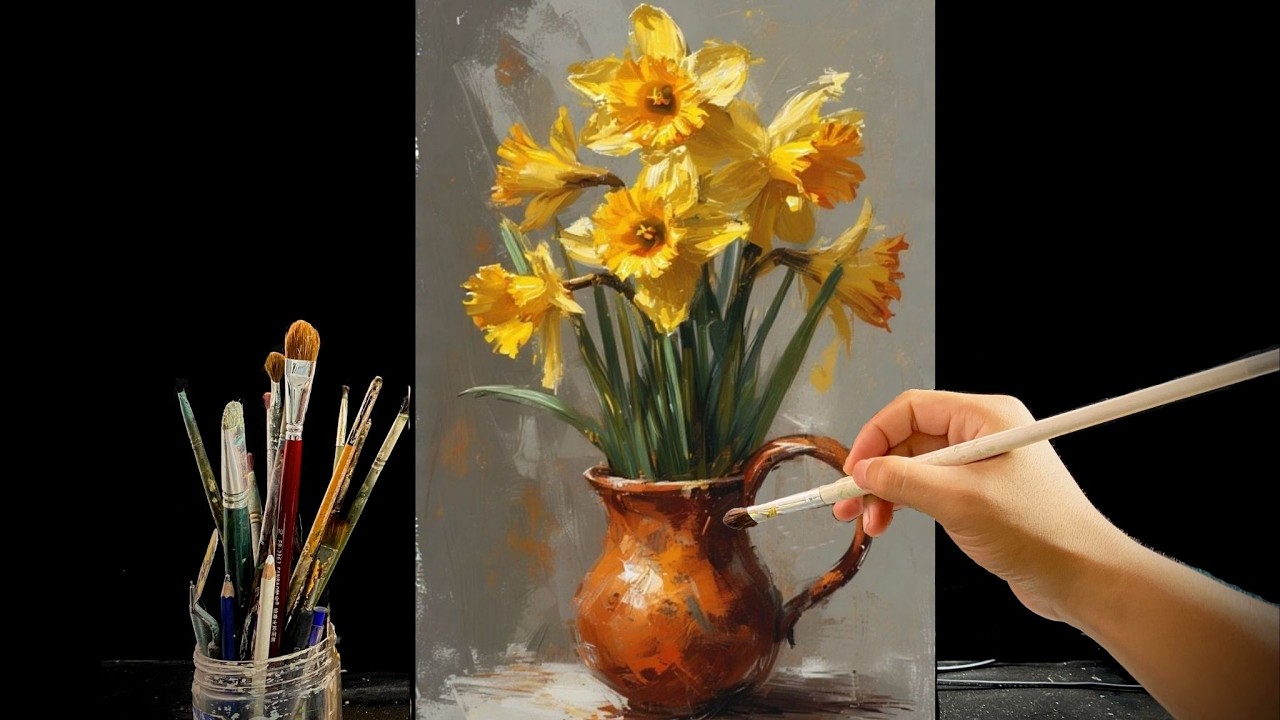 🎨 Painting Yellow Flowers in a Rustic Vase | Relaxing Acrylic Still ...