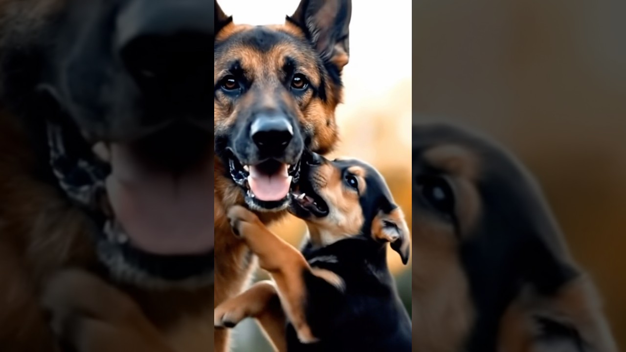 Heartwarming bond between a parent dog and puppy captured in a pure love moment