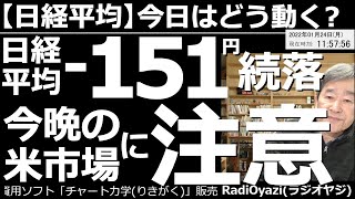 【日経平均－今日はどう動く？】日経平均－151円(続落)で今晩の米市場に注意！　米FRBによる利上げ観測で世界の株式市場が軟調だ。今晩の米市場でも続落がありえる。FOMCを見据え、慎重な投資が肝要だ。