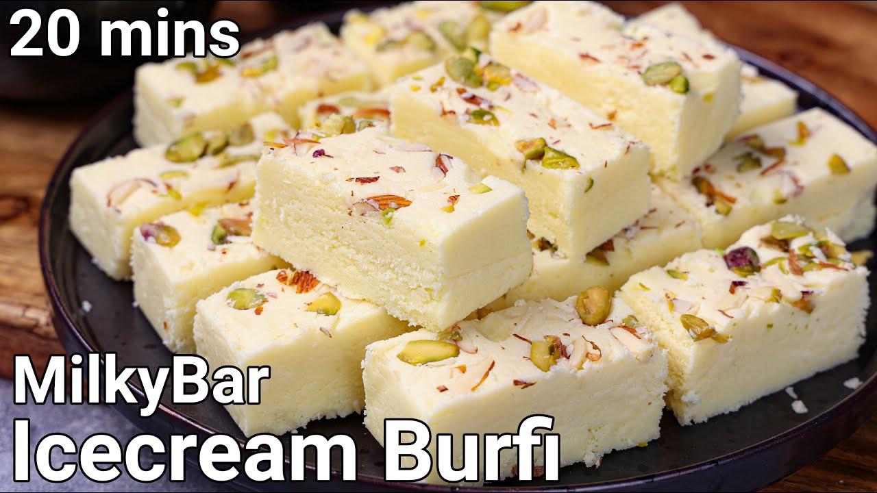 Ice Cream Vanilla Barfi sweet recipe – Milky Bar burfee sweet | Milk powder vanilla Ice Cream Barfi
