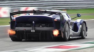 8 x Ferrari FXX K EVO Pure Sound at Monza Circuit: Accelerations, Flames \& Hot Glowing Brakes!