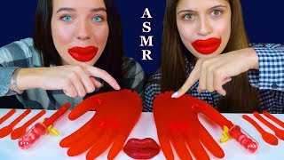 ASMR RED FOOD JELLY GUMMY HANDS, EDIBLE JELLY SPOONS, WAX LIPS CANDY, CRANK POPS MUKBANG