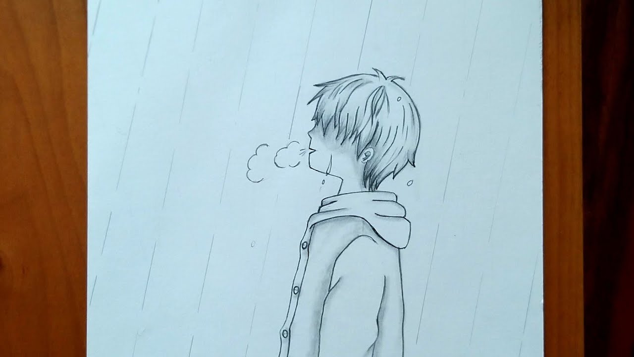 Pencil Drawing Of Sad Anime Boy In The Rain