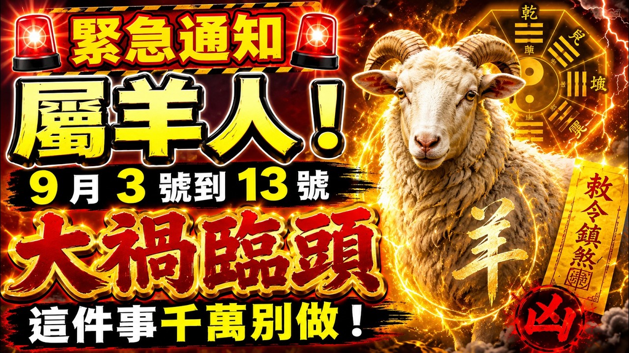 緊急通知屬羊人！9 月 3號到 13 號，大禍臨頭，這件事千萬別做！一旦踩中就會出大事，早知道早避 #9月運勢 #生肖運勢 #2026運勢  #十二生肖 #易經 #晚年運勢 #避坑指南 #守財 縮圖