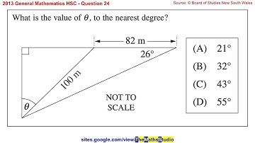 2013 General Maths HSC Q24 Find angle θ in divided right-angled triangle using sine rule