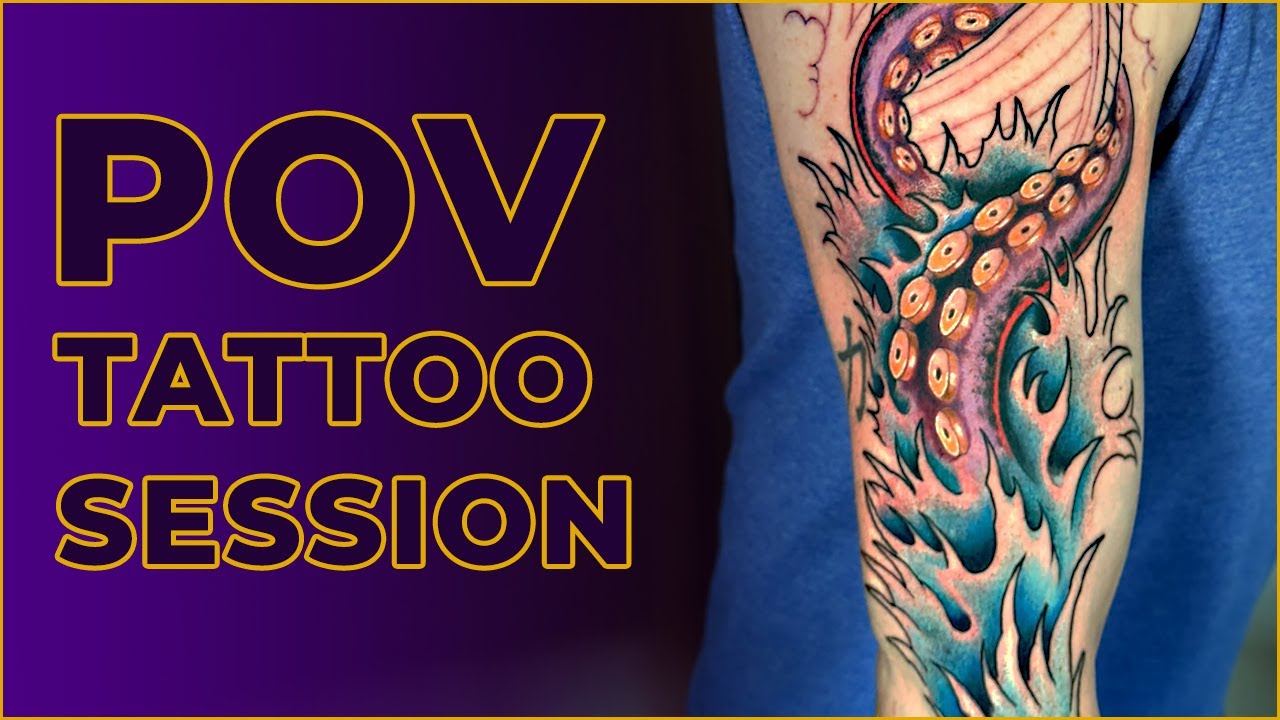 5 часов за 20 минут - Полный сеанс татуировки, съемка с камеры, направленной на голову (вид от пе...