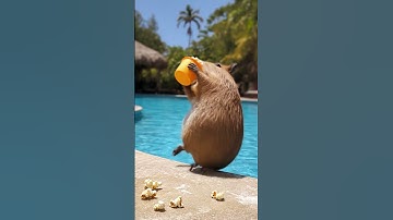 Capybara eating popcorns by the pool