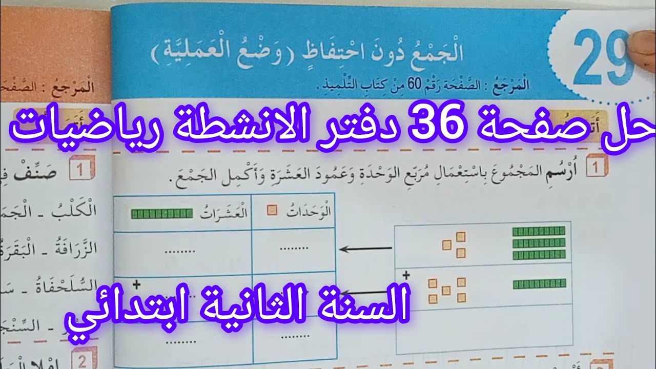 حل صفحة 36 دفتر الانشطة رياضيات للسنة الثانية ابتدائي الجمع دون احتفاظ وضع العملية 