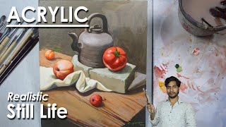 Realistic Still Life Painting in Acrylic | Kettle, Vegetables, Drapery Painting step by step