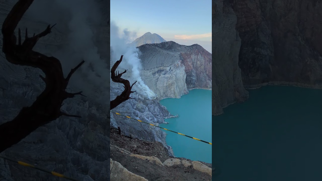 Ijen sulfur fumes over acid lake at sunrise 
