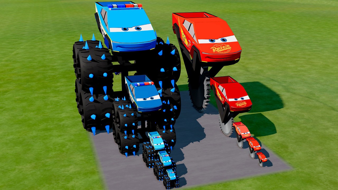 Big & Small McQueen Police Tesla Cybertruck one Saw Wheels VS Train | BeamNG.drive