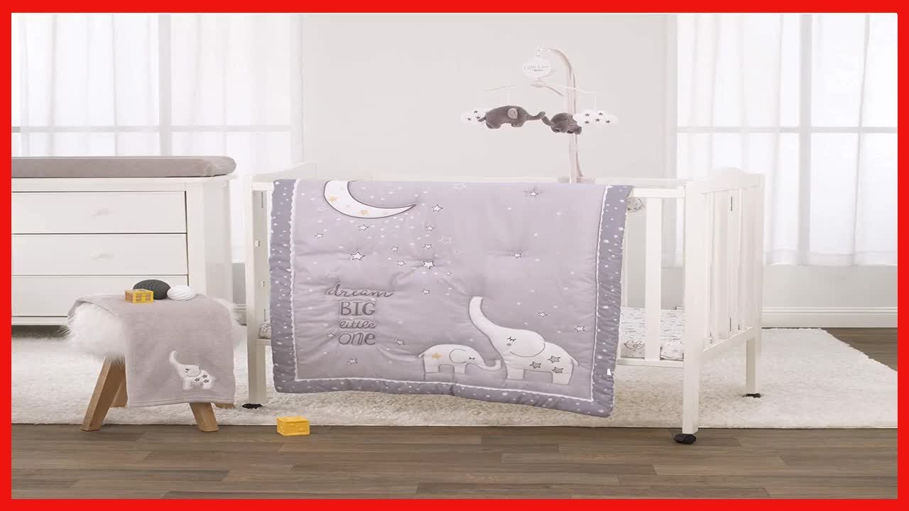 NoJo 3 Piece Mini Crib Bedding Set, Dream Big Little Elephant, GreyWhiteGold