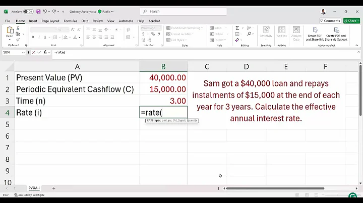 Interest Rate of the Present Value of Ordinary Annuity Using Excel