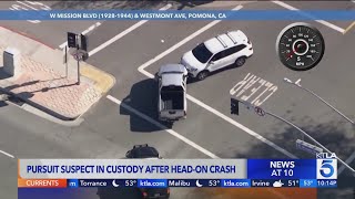 Pursuit suspect in custody after head-on crash