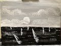 Black and White Boats at Sea Acrylic Painting for Beginners