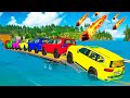Triple Flatbed Trailer McQueen Transportation with Truck - Speedbumps vs Cars vs Train - BeamNG #84