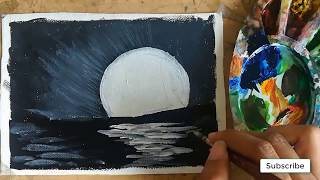 Black and white Poster color painting | Moonlight night poster color painting