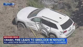 News report about crash causing fire in novato