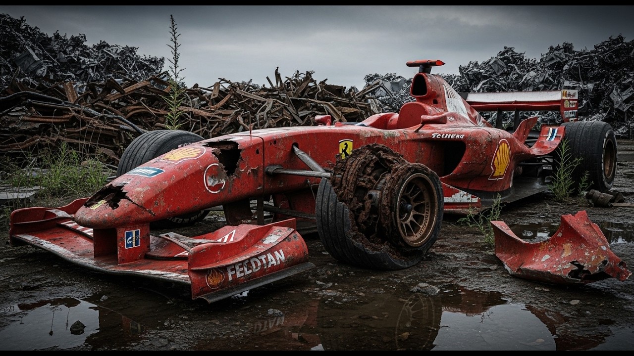 Abandoned Ferrari F2004 Found in Scrap Yard – From Rusted F1 Legend to Fully Restored Icon