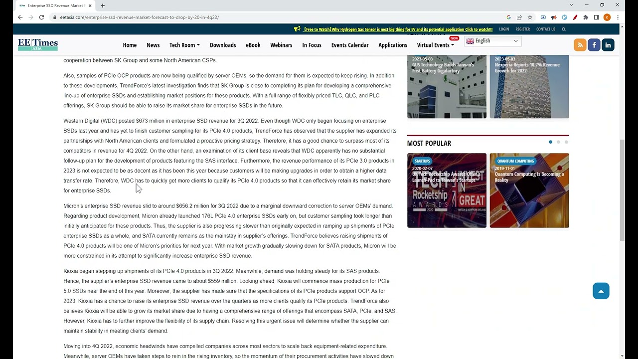 Enterprise SSD Revenue Market Forecast to Drop by 20% in 4Q22